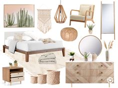 a collage of furniture and decor including a bed, dresser, mirror, lamp, plant