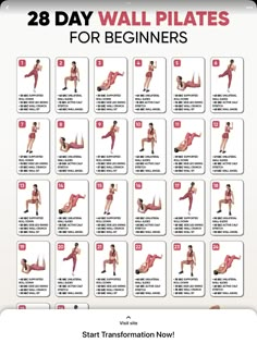 the 28 day wall pilates for beginners is shown in this poster, with instructions