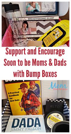 some books and other items are stacked on top of each other with the words support and encourages son to be moms & dads with bump boxes