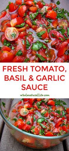 fresh tomato basil and garlic sauce in a glass bowl on a wooden table with text overlay