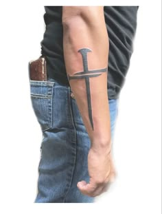 Mens Cross Forearm Tattoos, Cross Mens Tattoo, Men Tattoo Ideas Cross, Tattoo Crosses Men, Nail Cross Tattoo For Men, Men Christian Tattoo Ideas, Three Nails Cross Tattoo, Cross Men Tattoo, Forgiven Tattoo Men