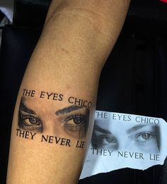 a woman's arm with an eye tattoo and the words, the eyes chicago they never lie