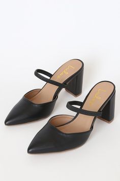 Take the Lulus Maryna Black Pointed-Toe Mules anywhere and everywhere! These adorable mule pumps have a pointed-toe upper, shaped by sleek vegan leather, and an elastic vamp strap. Slide-on design. 3. 5" Wrapped Block Heel. Cushioned Insole. Rubber Sole Has Nonskid Markings. All Man Made Materials. Imported. Lulus | Maryna Black Pointed-Toe Mules | Vegan Friendly. Closed Toe Black Heels, Work Mules, Professional Shoes Women, Business Shoes Women, Mule Pumps, Business Heels, Black Pointed Heels, Vegan Shoes Women, Black Pointed Toe Heels