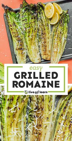 grilled romaine with parmesan cheese on top and lemon wedges in the middle