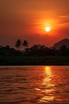 the sun is setting over water with palm trees in the background