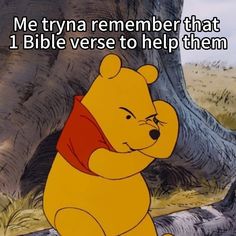 winnie the pooh sitting in front of a tree with text that reads, me trying to