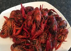 cooked craws on a white plate sitting on a counter top, ready to be eaten