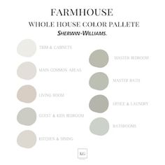 the color scheme for farmhouse house, which includes gray and white paint colors in different shades