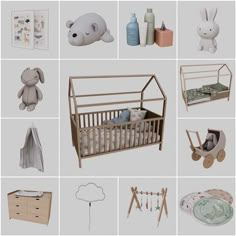 a baby's room with various items including a crib, bed, dresser and stuffed animals