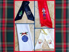 four different christmas scarves with monogrammings on them