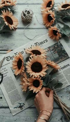 sunflowers are arranged on top of an old newspaper with scissors and twine