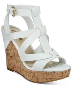 Go bold on your night out with the strappy, caged details and cork platform wedge on these Harlea sandals from Guess. | Manmade upper; manmade sole | Imported | Round peep-toe ankle-strap caged platfo White Shoes Heels, White Sandals Heels, Strappy Shoes, White Wedges, Cork Wedges Sandals, Sandals White