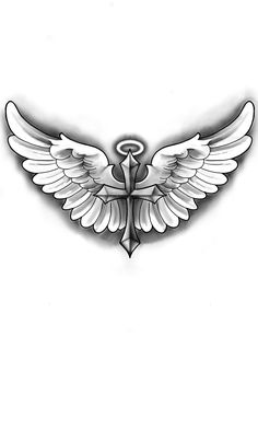 an image of a tattoo design with wings and a cross on the back of it