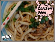 an image of chicken udon with chopsticks