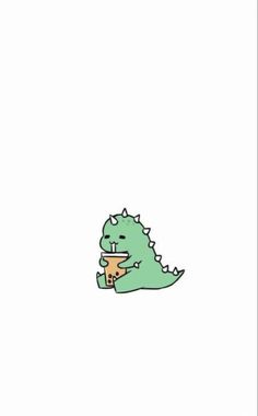 a green dinosaur drinking from a cup