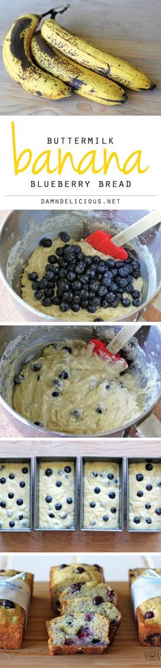 bananas and blueberries are being cooked in pans