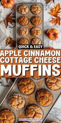 apple cinnamon cottage cheese muffins on a baking tray with apples and leaves in the background