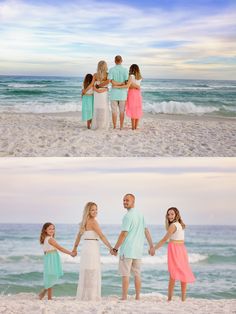 a family holding hands on the beach at sunset