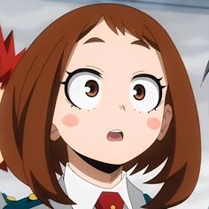 an anime character with brown hair and big eyes looking at the camera while wearing a red tie