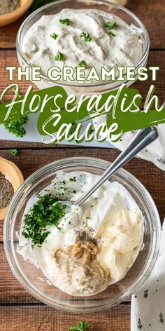 the creamest horseradish sauce is in a glass bowl with parsley on top