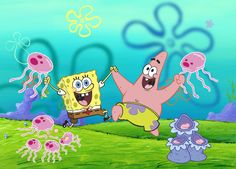 spongebob and his friends are playing in the water with jellyfishs around them