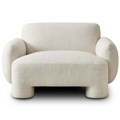 an upholstered chair with a rounded backrest and foot rest in white fabric