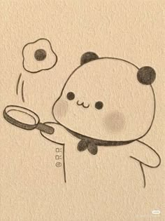 a drawing of a bear holding a magnifying glass with its nose and hand