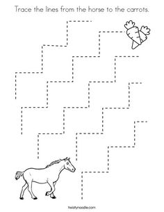 trace the lines from the horse to the carrots worksheet for kids and toddlers