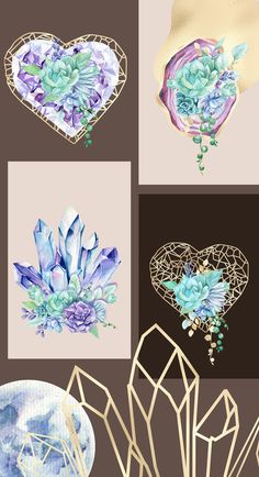 four different images of flowers and shapes in the shape of hearts, with text overlaying them