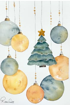 a watercolor painting of christmas ornaments hanging from strings with a gold star on top