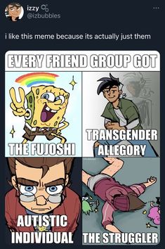 cartoon memes that are all in different colors and sizes, with the caption's above them