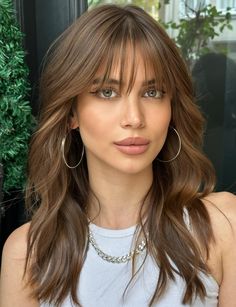 Long Straight Wispy Bangs Wispy Bangs Long Hair Face Shapes, Long Hair Fringe Bangs, Brown Hair Wispy Bangs, Medium Brown Hair With Bangs, Long Layered Hair With Wispy Bangs, Whispy Baby Bangs Long Hair, Whispy Baby Bangs, Slight Bangs, Haircuts Fringe