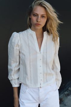 EMBROIDERED SHIRT - White | ZARA United States Rene Magritte, Round Neck Shirt, Jean Vest, Zara Shirt, Cardigan Sweater Dress, Cardigan Sweater Jacket, Jeans Rock, Short En Jean, T Shirt Vest