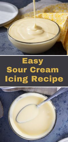 an easy sour cream icing recipe in a bowl with a spoon on the side