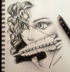 a pencil drawing of a woman's face with an arrow in her mouth and the words like