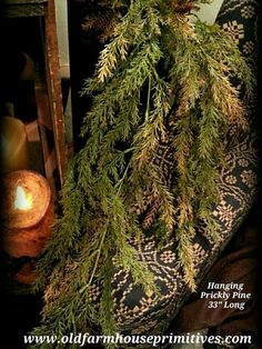 an arrangement of evergreen branches and pine cones in a vase on a table next to a candle