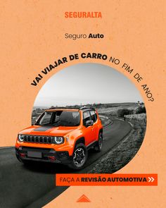 an orange jeep is driving down the road