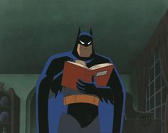 batman reading a book while standing in front of a window