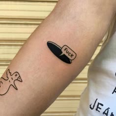 two people with matching tattoos on their arms, one has a knife and the other has a speech bubble