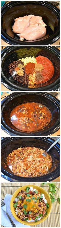 four different types of food being cooked in the oven, including rice and meats