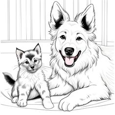 a drawing of a dog and a kitten sitting next to each other on the floor