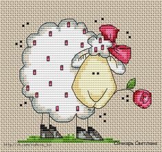 a cross stitch pattern with a sheep holding a flower in it's mouth and wearing a red hat