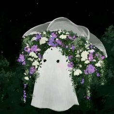 a painting of a ghost with purple and white flowers on it's head under an umbrella