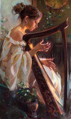 a painting of a woman playing a harp