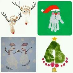 four handprints of different animals and christmas decorations