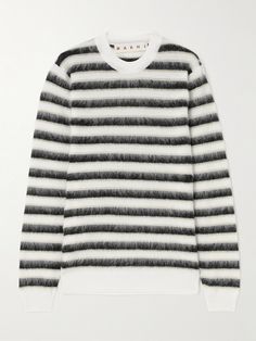 Fuzzy, striped sweaters have become something of a Marni signature in recent collections - this one is designed in classic black and white, flecked with yellow for a modern touch. It's made from a soft brushed wool and mohair-blend with dropped shoulder seams that enhance the relaxed shape. Abstract Clothing, Marni Sweater, Striped Sweaters, Pull Mohair, Mohair Jumpers, Summer Style Guide, Flat Dress Shoes, Dress Flats, Mohair Sweater