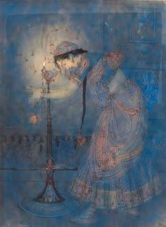 a painting of a woman looking at a lamp