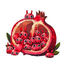 a watercolor painting of a pomegranate with eyes and leaves on it