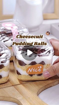 two desserts in plastic containers on a cutting board with the words cheese cut pudding balls