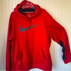 Nike Therma-Fit (Xl) Red Hoodie W/Gray Large Nike Check On Front & Black Accents On Sleeves And Black Liner In Drawstring Hoodie, Inside Lightweight Fleece; 28” Pit To Pit; 31 1/2” Shoulder To Hem; Kangaroo Front Pocket Excellent Condition (Worn Very Little-Almost Nwt) Nike Long Sleeve Hoodie With Moisture-wicking, Nike Long Sleeve Moisture-wicking Hoodie, Nike Moisture-wicking Long Sleeve Hoodie, University Red Long Sleeve Hoodie For Sports, University Red Long Sleeve Sports Hoodie, Nike Red Sportswear Sweatshirt, Nike Red Athleisure Hoodie, Red Fleece Top For Sports Season, Nike Workout Tops For Winter